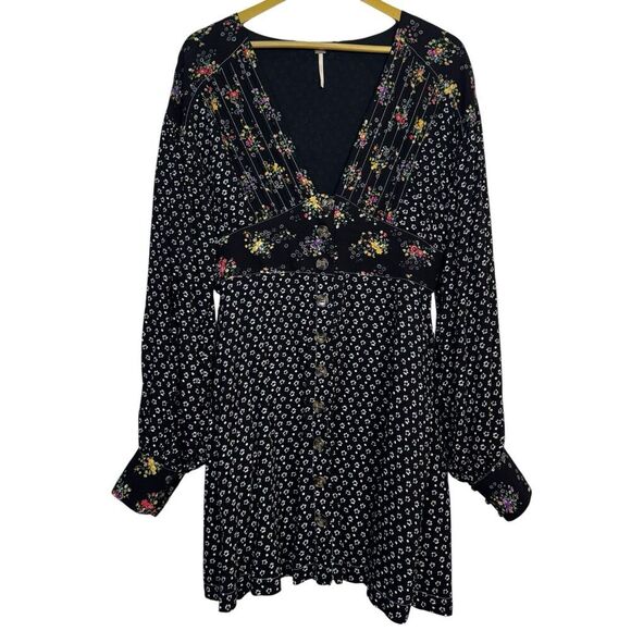Free People Wonderland Floral Button Up Tunic Dress Size M Black Boho Cottage - Picture 4 of 10